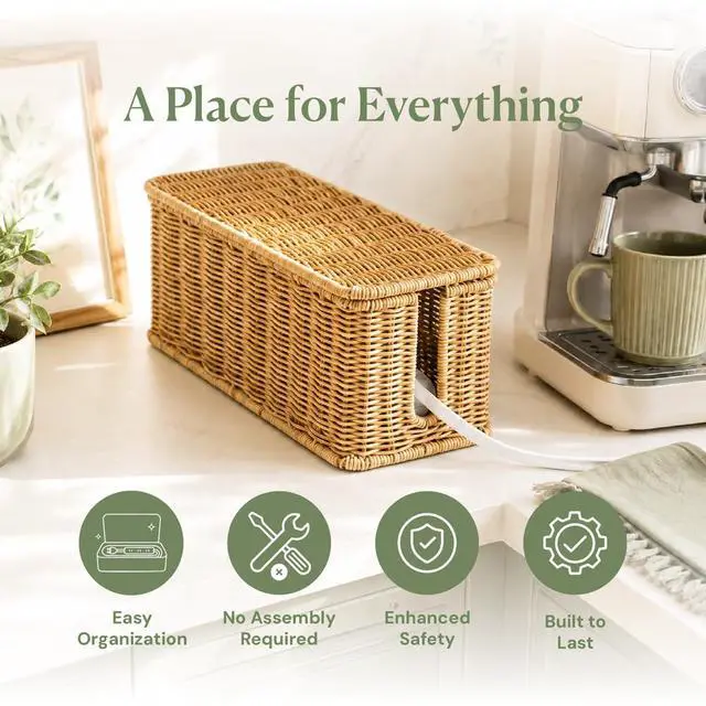 Alt view image 3 of 7 - Cable Management Box, Handmade Rattan Cord Organizer for Power Strip