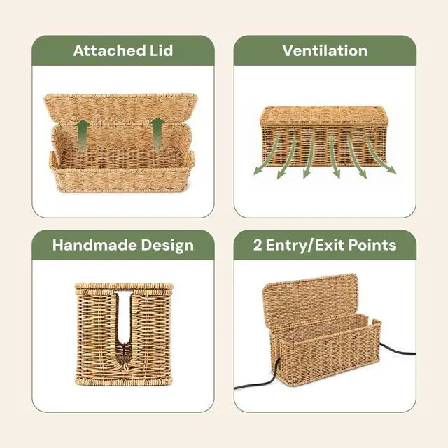 Alt view image 6 of 7 - Cable Management Box, Handmade Rattan Cord Organizer for Power Strip