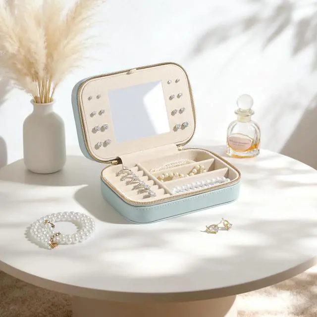 Alt view image 2 of 7 - Genuine Leather Travel Jewelry Organizer Case with Mirror for Women, Small Mini Portable Jewelry Box for Ring Earrings Necklace Bracelet Luxury Gift for WomenCyan