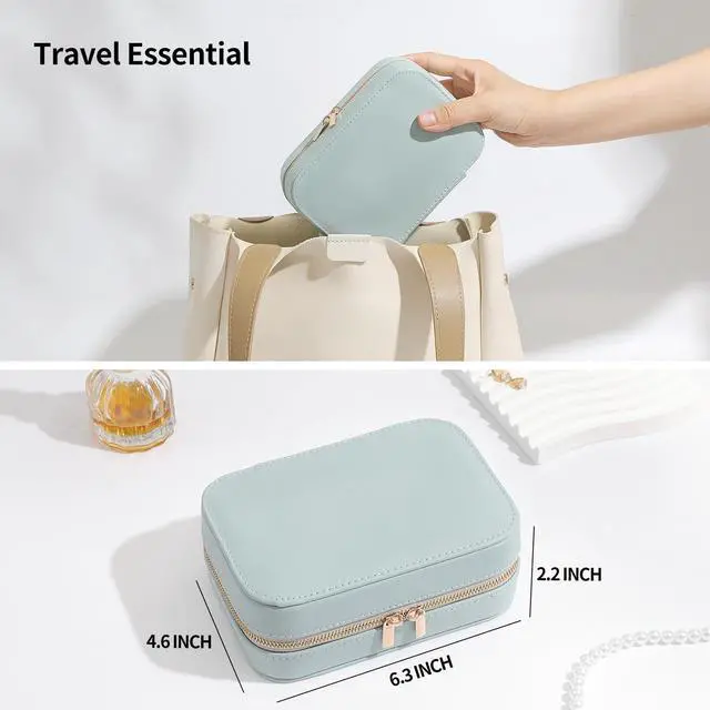Alt view image 6 of 7 - Genuine Leather Travel Jewelry Organizer Case with Mirror for Women, Small Mini Portable Jewelry Box for Ring Earrings Necklace Bracelet Luxury Gift for WomenCyan