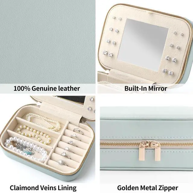 Alt view image 5 of 7 - Genuine Leather Travel Jewelry Organizer Case with Mirror for Women, Small Mini Portable Jewelry Box for Ring Earrings Necklace Bracelet Luxury Gift for WomenCyan