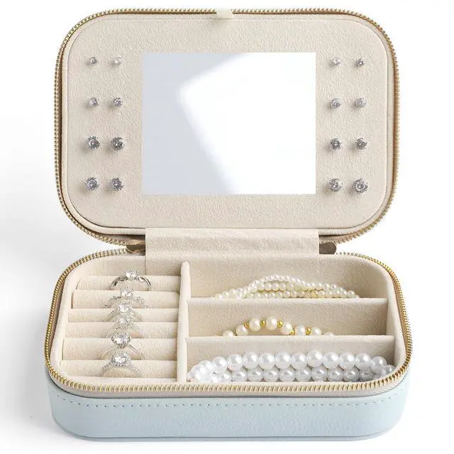 Alt view image 7 of 7 - Genuine Leather Travel Jewelry Organizer Case with Mirror for Women, Small Mini Portable Jewelry Box for Ring Earrings Necklace Bracelet Luxury Gift for WomenCyan