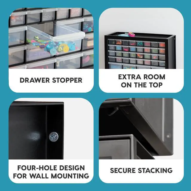 Alt view image 5 of 7 - 44-Drawer Small Parts Organizer, Made in USA, Storage Drawers for Screws, Nuts, Bolts, Electronics, Hardware, Beads, Crafts, Building Bricks, Stackable Garage Storage Cabinet, Black