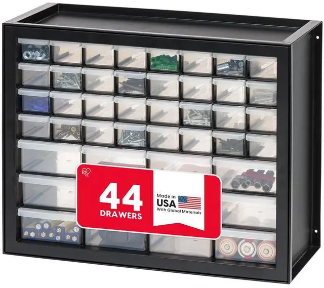 Main image of 44-Drawer Small Parts Organizer, Made in USA, Storage Drawers for Screws, Nuts, Bolts, Electronics, Hardware, Beads, Crafts, Building Bricks, Stackable Garage Storage Cabinet, Black