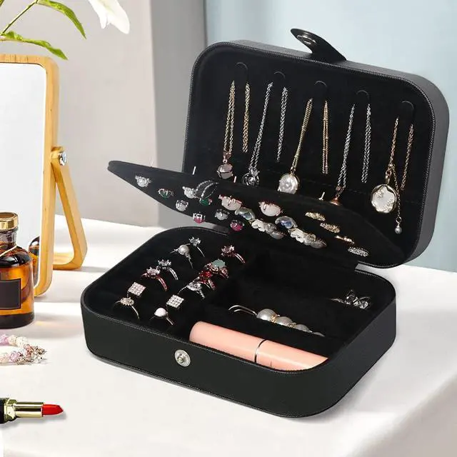 Alt view image 3 of 7 - Travel Jewelry Box, Small Jewelry Organizer Boxes for Women Girls, 2 Layer Travel Jewlery Case, PU Leather Mini Portable Jewerly Storage Display Holder for Earrings, Ring, Necklaces, Bracelets - Black
