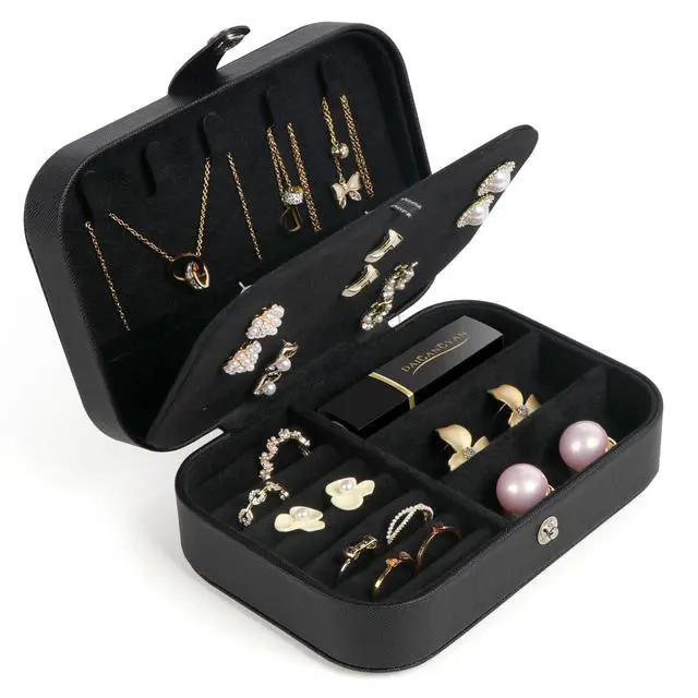 Alt view image 2 of 7 - Travel Jewelry Box, Small Jewelry Organizer Boxes for Women Girls, 2 Layer Travel Jewlery Case, PU Leather Mini Portable Jewerly Storage Display Holder for Earrings, Ring, Necklaces, Bracelets - Black