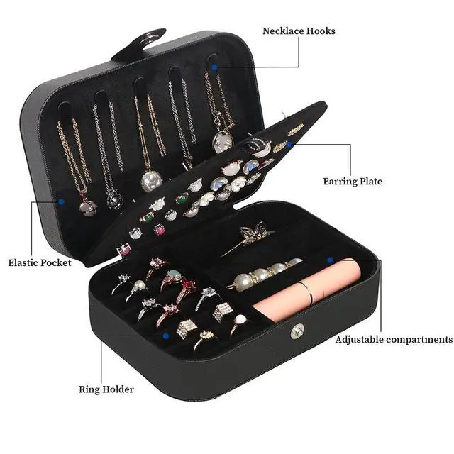 Alt view image 4 of 7 - Travel Jewelry Box, Small Jewelry Organizer Boxes for Women Girls, 2 Layer Travel Jewlery Case, PU Leather Mini Portable Jewerly Storage Display Holder for Earrings, Ring, Necklaces, Bracelets - Black