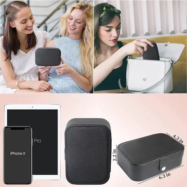 Alt view image 7 of 7 - Travel Jewelry Box, Small Jewelry Organizer Boxes for Women Girls, 2 Layer Travel Jewlery Case, PU Leather Mini Portable Jewerly Storage Display Holder for Earrings, Ring, Necklaces, Bracelets - Black