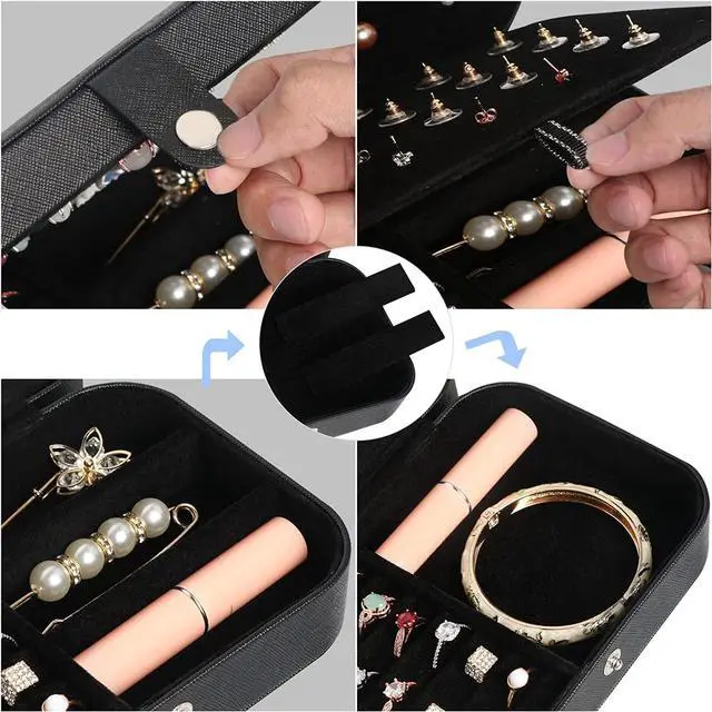 Alt view image 6 of 7 - Travel Jewelry Box, Small Jewelry Organizer Boxes for Women Girls, 2 Layer Travel Jewlery Case, PU Leather Mini Portable Jewerly Storage Display Holder for Earrings, Ring, Necklaces, Bracelets - Black