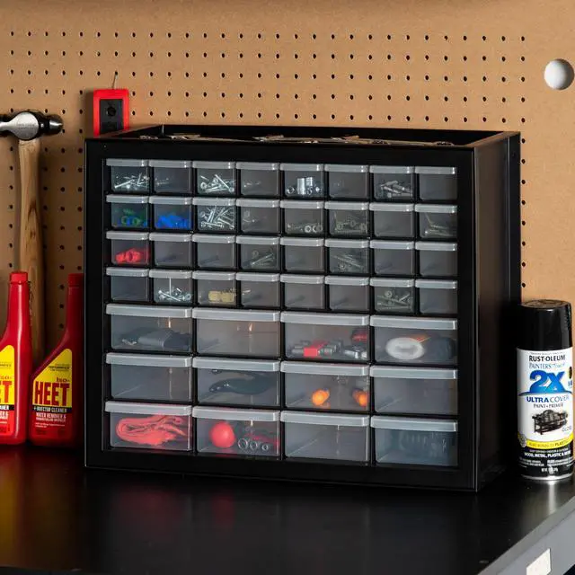 Alt view image 2 of 7 - 44-Drawer Small Parts Organizer, Made in USA, Storage Drawers for Screws, Nuts, Bolts, Electronics, Hardware, Beads, Crafts, Building Bricks, Stackable Garage Storage Cabinet, Black