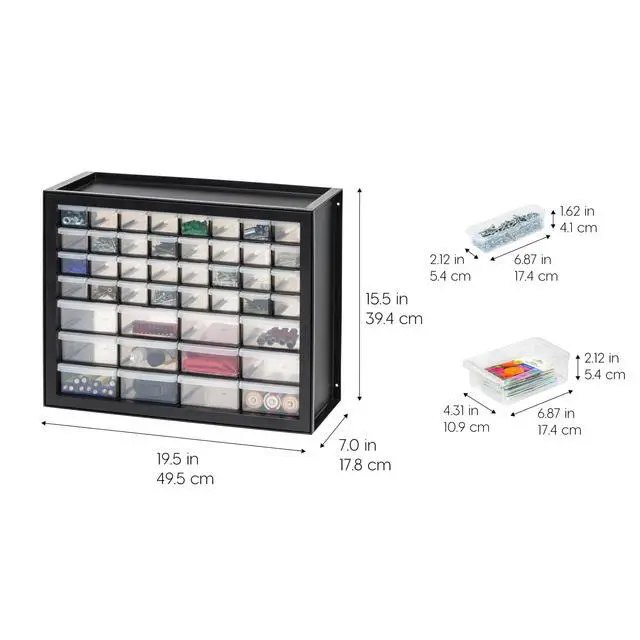 Alt view image 3 of 7 - 44-Drawer Small Parts Organizer, Made in USA, Storage Drawers for Screws, Nuts, Bolts, Electronics, Hardware, Beads, Crafts, Building Bricks, Stackable Garage Storage Cabinet, Black