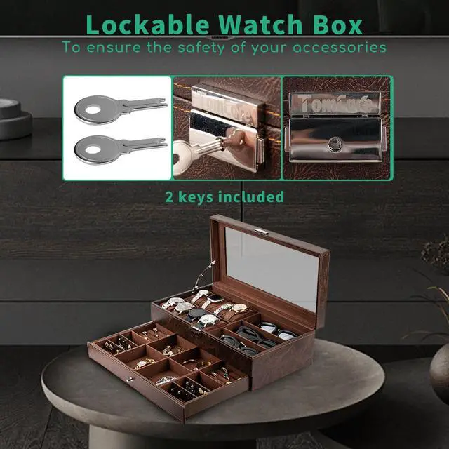 Alt view image 6 of 7 - Watch Box 2-Tier Watch Case Jewelry Organizer Box with Thick Glass Lid Lockable Watch Organizer Jewelry Display Holder Sunglass Rings Necklaces Bracelets Storage Organizer for Men Women,Brown