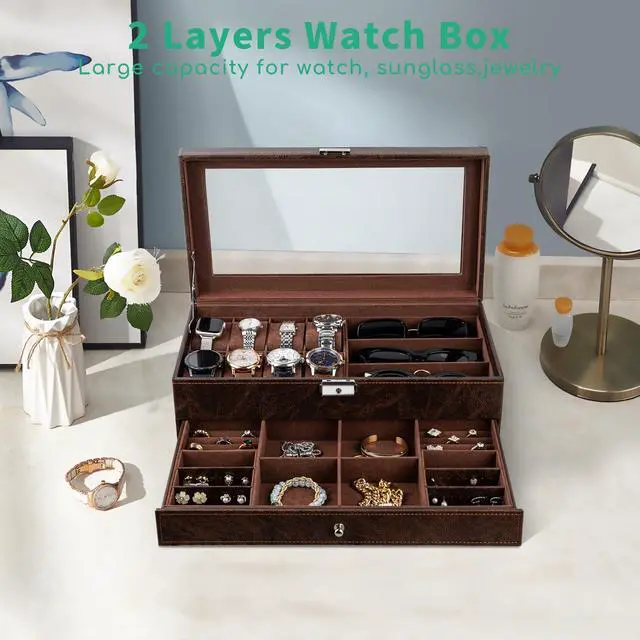 Alt view image 3 of 7 - Watch Box 2-Tier Watch Case Jewelry Organizer Box with Thick Glass Lid Lockable Watch Organizer Jewelry Display Holder Sunglass Rings Necklaces Bracelets Storage Organizer for Men Women,Brown