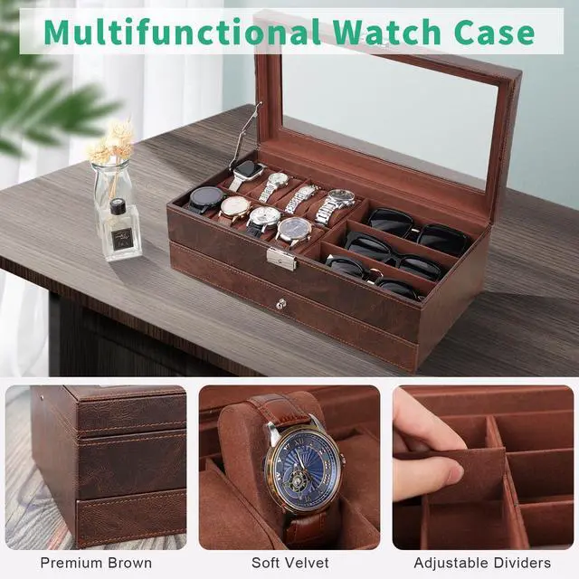 Alt view image 4 of 7 - Watch Box 2-Tier Watch Case Jewelry Organizer Box with Thick Glass Lid Lockable Watch Organizer Jewelry Display Holder Sunglass Rings Necklaces Bracelets Storage Organizer for Men Women,Brown
