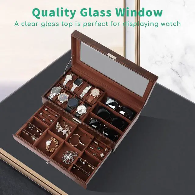 Alt view image 5 of 7 - Watch Box 2-Tier Watch Case Jewelry Organizer Box with Thick Glass Lid Lockable Watch Organizer Jewelry Display Holder Sunglass Rings Necklaces Bracelets Storage Organizer for Men Women,Brown