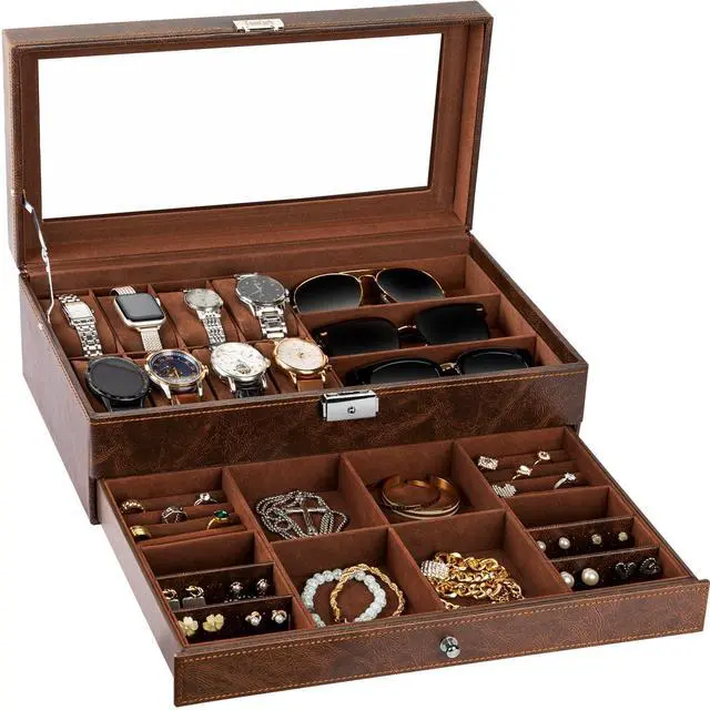 Main image of Watch Box 2-Tier Watch Case Jewelry Organizer Box with Thick Glass Lid Lockable Watch Organizer Jewelry Display Holder Sunglass Rings Necklaces Bracelets Storage Organizer for Men Women,Brown