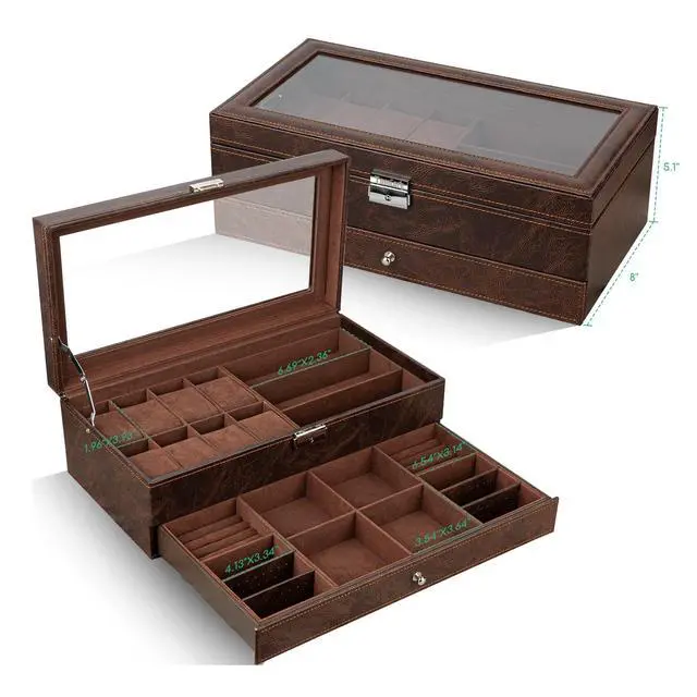 Alt view image 2 of 7 - Watch Box 2-Tier Watch Case Jewelry Organizer Box with Thick Glass Lid Lockable Watch Organizer Jewelry Display Holder Sunglass Rings Necklaces Bracelets Storage Organizer for Men Women,Brown