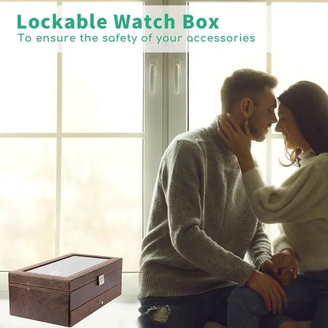 Alt view image 7 of 7 - Watch Box 2-Tier Watch Case Jewelry Organizer Box with Thick Glass Lid Lockable Watch Organizer Jewelry Display Holder Sunglass Rings Necklaces Bracelets Storage Organizer for Men Women,Brown