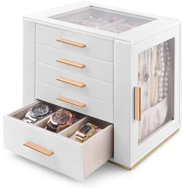 Main image of 5-Layer Jewelry Box for Women, Glass Lid Jewelry Organizer and Storage with 5 Drawers for Necklaces, Rings, Earrings, Bracelets, Gift for Girls and Teens,PU Leather (White)