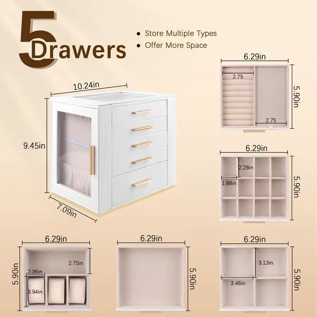 Alt view image 3 of 7 - 5-Layer Jewelry Box for Women, Glass Lid Jewelry Organizer and Storage with 5 Drawers for Necklaces, Rings, Earrings, Bracelets, Gift for Girls and Teens,PU Leather (White)