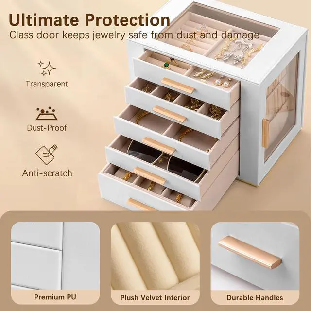 Alt view image 5 of 7 - 5-Layer Jewelry Box for Women, Glass Lid Jewelry Organizer and Storage with 5 Drawers for Necklaces, Rings, Earrings, Bracelets, Gift for Girls and Teens,PU Leather (White)