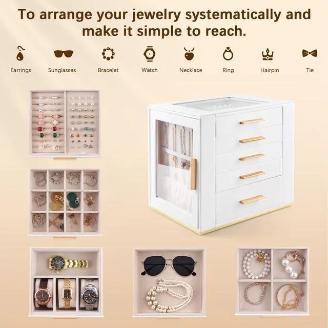 Alt view image 4 of 7 - 5-Layer Jewelry Box for Women, Glass Lid Jewelry Organizer and Storage with 5 Drawers for Necklaces, Rings, Earrings, Bracelets, Gift for Girls and Teens,PU Leather (White)