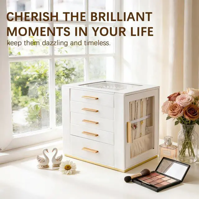 Alt view image 7 of 7 - 5-Layer Jewelry Box for Women, Glass Lid Jewelry Organizer and Storage with 5 Drawers for Necklaces, Rings, Earrings, Bracelets, Gift for Girls and Teens,PU Leather (White)