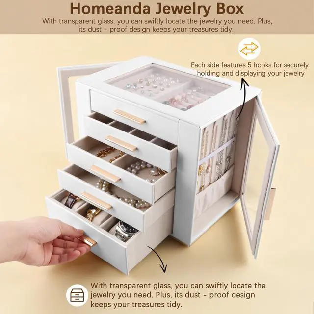Alt view image 6 of 7 - 5-Layer Jewelry Box for Women, Glass Lid Jewelry Organizer and Storage with 5 Drawers for Necklaces, Rings, Earrings, Bracelets, Gift for Girls and Teens,PU Leather (White)