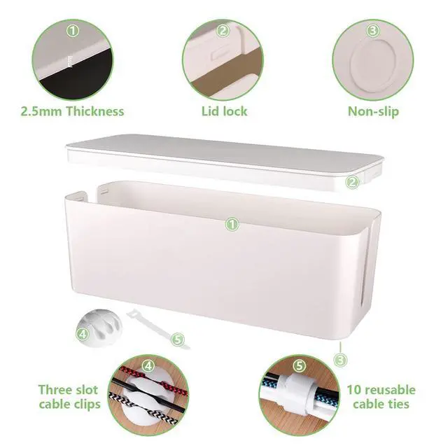 Alt view image 4 of 7 - Cable Management Box, Large Cord Organizer Box to Hide Power Strip & Under Desk,TV Computer Wires Cable Organizer Hider Box with Cable Clips&Reusable Cable Ties for Home/Office(White)
