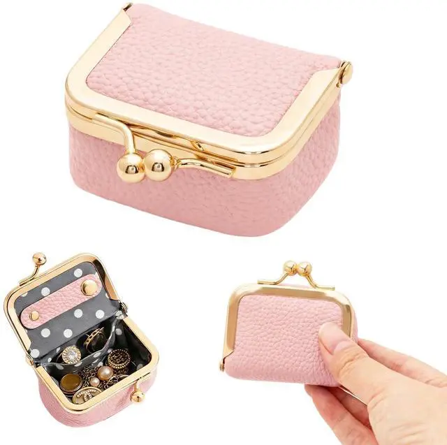 Main image of Genuine Leather Mini Jewelry Box Portable Vintage-Inspired Leather Small Coin Purse Jewelry Organizer Case Mini Travel Ring Box with Kiss Lock for Women Earring Ring Necklace