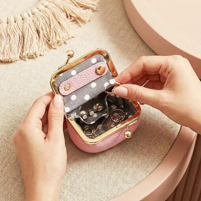 Alt view image 2 of 7 - Genuine Leather Mini Jewelry Box Portable Vintage-Inspired Leather Small Coin Purse Jewelry Organizer Case Mini Travel Ring Box with Kiss Lock for Women Earring Ring Necklace