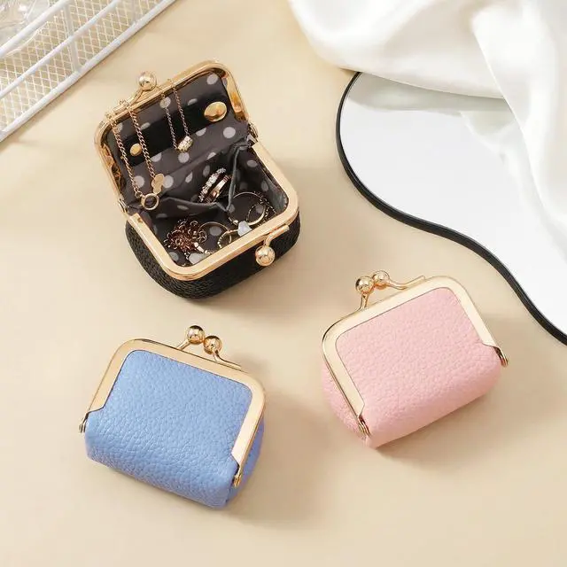 Alt view image 4 of 7 - Genuine Leather Mini Jewelry Box Portable Vintage-Inspired Leather Small Coin Purse Jewelry Organizer Case Mini Travel Ring Box with Kiss Lock for Women Earring Ring Necklace