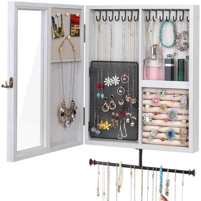 Main image of Wall Mounted Jewelry Organizer With Rustic Wood Large Space Jewelry Cabinet, Holder, Storage Box for Necklaces, Earrings, Bracelets, Ring Holder, and Accessories White