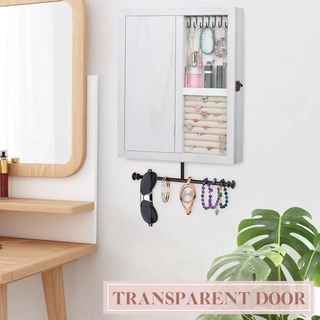Alt view image 2 of 7 - Wall Mounted Jewelry Organizer With Rustic Wood Large Space Jewelry Cabinet, Holder, Storage Box for Necklaces, Earrings, Bracelets, Ring Holder, and Accessories White
