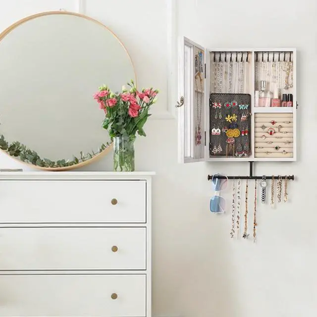 Alt view image 3 of 7 - Wall Mounted Jewelry Organizer With Rustic Wood Large Space Jewelry Cabinet, Holder, Storage Box for Necklaces, Earrings, Bracelets, Ring Holder, and Accessories White