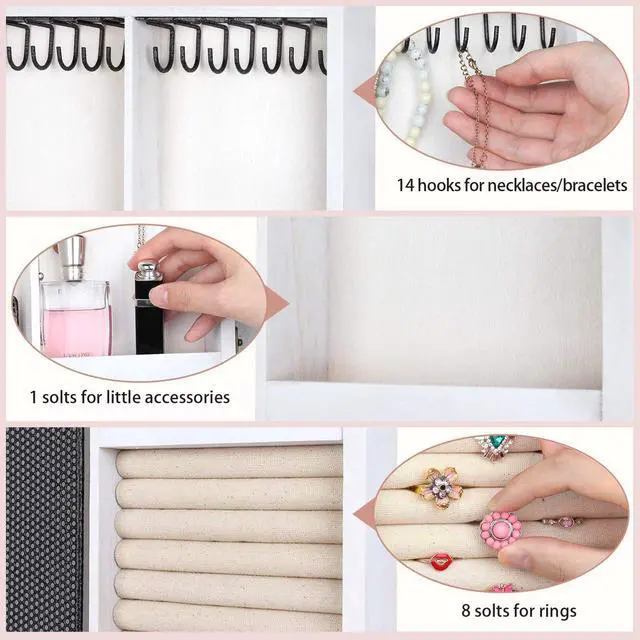 Alt view image 5 of 7 - Wall Mounted Jewelry Organizer With Rustic Wood Large Space Jewelry Cabinet, Holder, Storage Box for Necklaces, Earrings, Bracelets, Ring Holder, and Accessories White