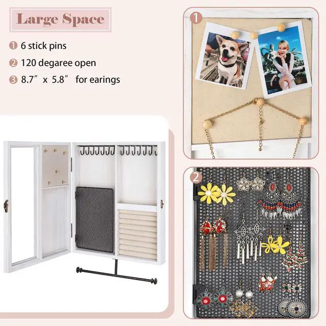 Alt view image 4 of 7 - Wall Mounted Jewelry Organizer With Rustic Wood Large Space Jewelry Cabinet, Holder, Storage Box for Necklaces, Earrings, Bracelets, Ring Holder, and Accessories White
