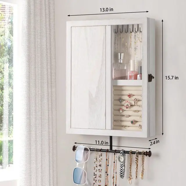 Alt view image 6 of 7 - Wall Mounted Jewelry Organizer With Rustic Wood Large Space Jewelry Cabinet, Holder, Storage Box for Necklaces, Earrings, Bracelets, Ring Holder, and Accessories White