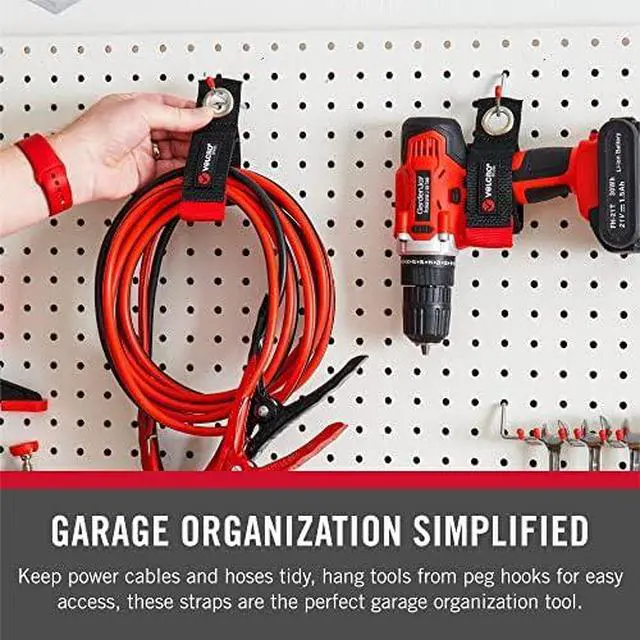 Alt view image 4 of 7 - Easy Hang Extension Cord Holder Organizer Variety Pack | Holds 60-100lbs, Heavy Duty Straps Fit Easily on Hooks or Nails | Perfect for Garage Organization | 3-pk 10", 14" and 18", Black