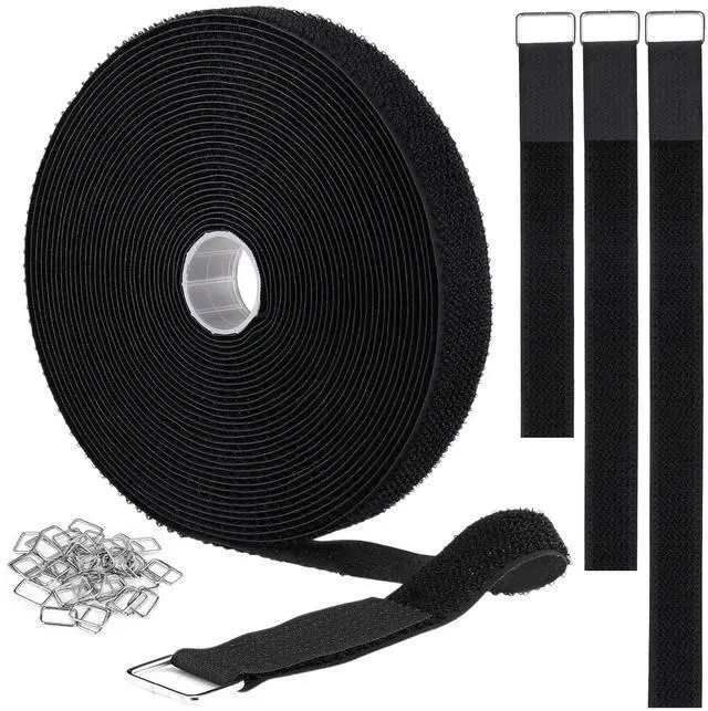Main image of 1"x32ft Hook and Loop Straps with 50 Metal Buckles, Adjustable Fastening Cable Straps, Cut-to-Length Cinch Strap, Reusable Nylon Securing Cord Ties for Organizer or Storage, 1 inch Wide, Black