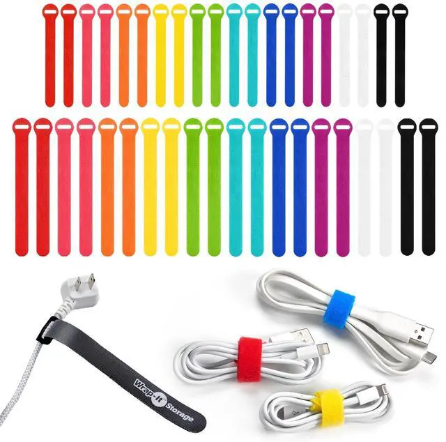 Main image of Self-Gripping Cable Ties by Wrap-It Storage, Multi-Color, 40 Pack (5 Inch and 8 Inch Straps) Reusable Hook and Loop Cord Keeper, Cable Wrappers for Cord Management and Home Office Desk Organization