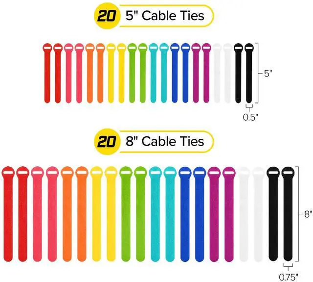 Alt view image 4 of 7 - Self-Gripping Cable Ties by Wrap-It Storage, Multi-Color, 40 Pack (5 Inch and 8 Inch Straps) Reusable Hook and Loop Cord Keeper, Cable Wrappers for Cord Management and Home Office Desk Organization