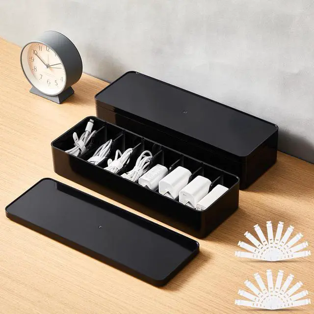 Main image of 2 Pcs Cable Organizer Box with Wire Ties, Plastic Cord Storage Box with Lid, Electronics Organizer for Home Office Desk Organizers and Accessories (Black)