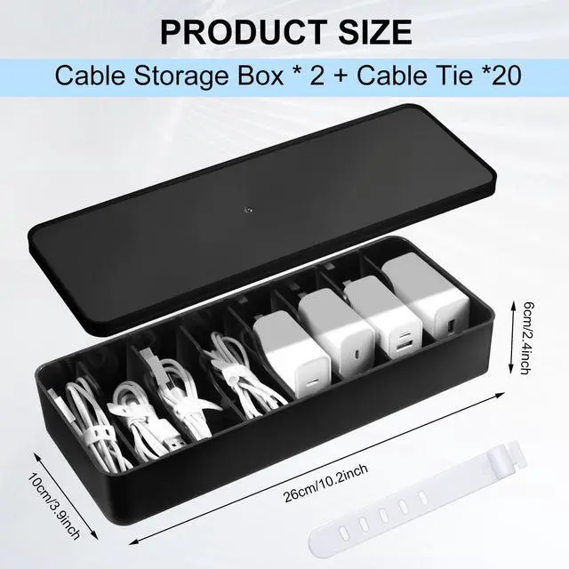 Alt view image 2 of 7 - 2 Pcs Cable Organizer Box with Wire Ties, Plastic Cord Storage Box with Lid, Electronics Organizer for Home Office Desk Organizers and Accessories (Black)