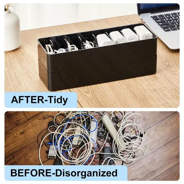 Alt view image 5 of 7 - 2 Pcs Cable Organizer Box with Wire Ties, Plastic Cord Storage Box with Lid, Electronics Organizer for Home Office Desk Organizers and Accessories (Black)