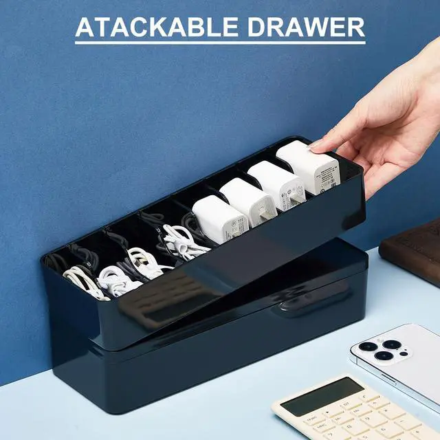 Alt view image 4 of 7 - 2 Pcs Cable Organizer Box with Wire Ties, Plastic Cord Storage Box with Lid, Electronics Organizer for Home Office Desk Organizers and Accessories (Black)