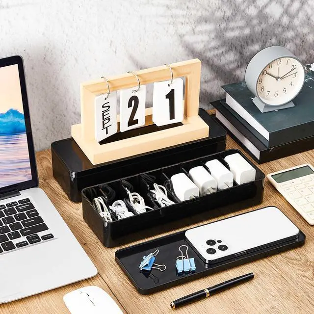 Alt view image 6 of 7 - 2 Pcs Cable Organizer Box with Wire Ties, Plastic Cord Storage Box with Lid, Electronics Organizer for Home Office Desk Organizers and Accessories (Black)