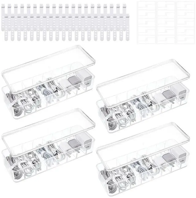 Main image of 4 Pcs Cord Storage Organizer Clear Plastic Cable Storage Box with 40 Silicone Wire Ties, Cord Organizer Box with Lid for Home Office Desk Organization, Jewelry and Accessories