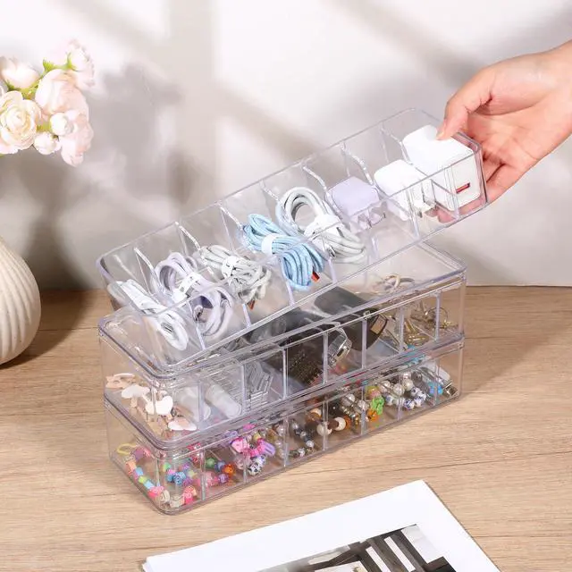 Alt view image 5 of 7 - 4 Pcs Cord Storage Organizer Clear Plastic Cable Storage Box with 40 Silicone Wire Ties, Cord Organizer Box with Lid for Home Office Desk Organization, Jewelry and Accessories
