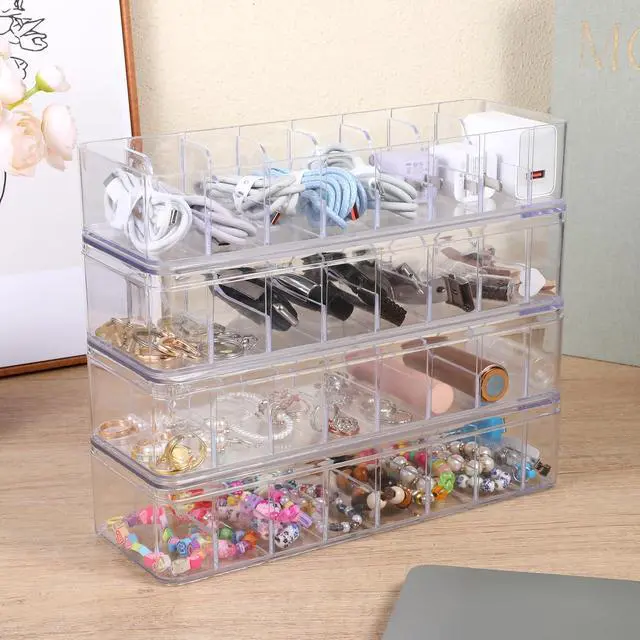 Alt view image 6 of 7 - 4 Pcs Cord Storage Organizer Clear Plastic Cable Storage Box with 40 Silicone Wire Ties, Cord Organizer Box with Lid for Home Office Desk Organization, Jewelry and Accessories